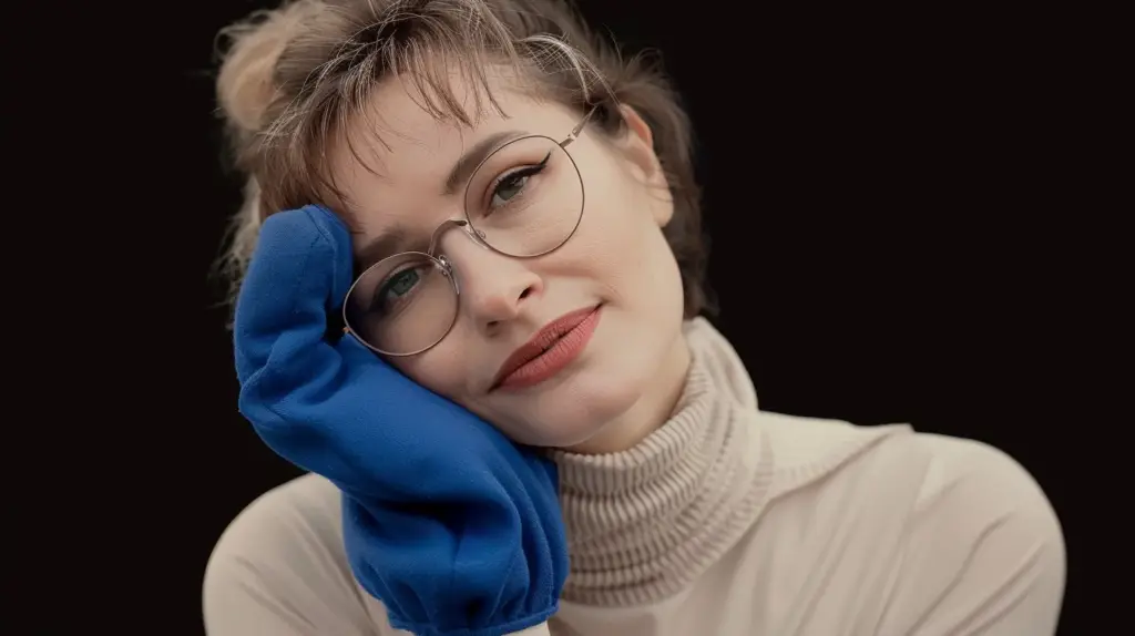 Девушка сидит с варежкой на руке