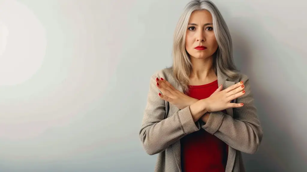 Женщина показывает руками крест